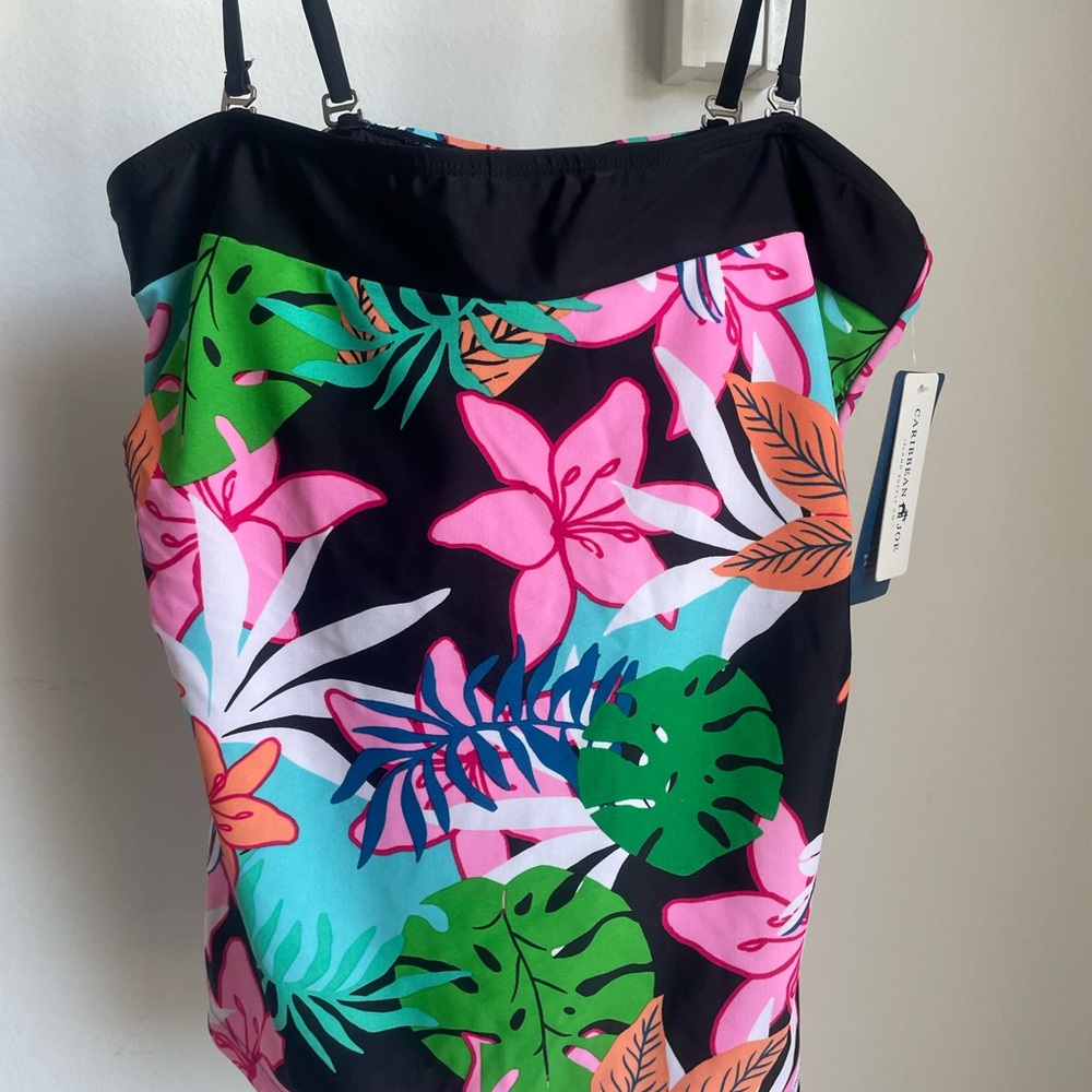 Caribbean Joe Pink and Black Tropical Top Swimsuit Size8.